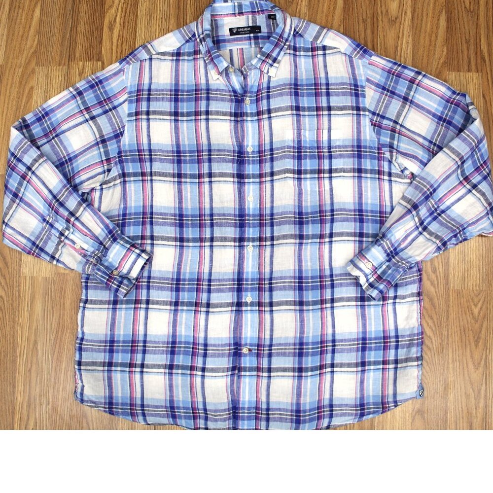 DANIEL CREMIEUX REGULAR FIT 100% LINEN SHIRT BLUE & PINK PLAID Sz X-LARGE, XL